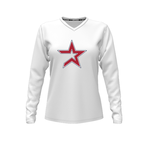 [CUS-DFW-TEES-PER-VNK-LSL-WHT-FYXS-LOGO1] Performance T-Shirt (Female Youth XS, White, V Neck, Logo 1, Long Sleeve)