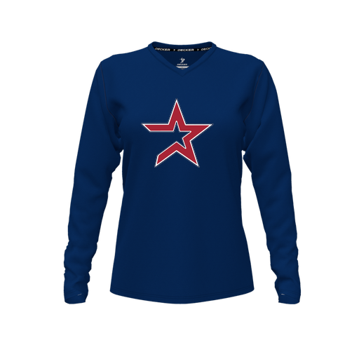 [CUS-DFW-TEES-PER-VNK-LSL-NVY-FYXS-LOGO1] Performance T-Shirt (Female Youth XS, Navy, V Neck, Logo 1, Long Sleeve)