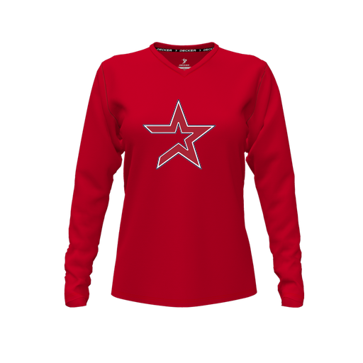 [CUS-DFW-TEES-PER-VNK-LSL-RED-FYXS-LOGO1] Performance T-Shirt (Female Youth XS, Red, V Neck, Logo 1, Long Sleeve)