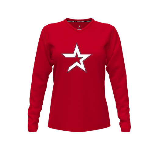 [FTLVPTRD-FYXS-LOGO3] Decker Performance T-Shirt (Female Youth XS, Red, V Neck, Logo 3, Long Sleeve)